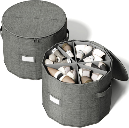 Vailando Shoe Organizer for Closet - Cylindrical Shoe Storage Organizer with Adjustable Dividers for Closet, Foldable Shoe Storage Box, Gray, 2-Pack, Large