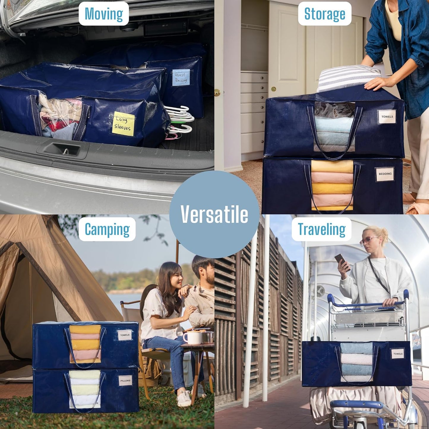 VENO 8 Pack Moving Bags Extra Large Storage Bags for College Move-In, Heavy-Duty Storage Totes, Packing Boxes, and Wardrobe Moving Supplies - Durable Laundry Bags for Clothes (Blue w/Window, 8 Pack)