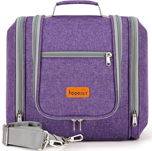 Extra Large Toiletry Bag for Women and Men, 6 Organizer Compartments, Holds Full Size Shampoo, with Hanging Hook Cosmetic Bag, Travel Makeup Bag, Bathroom Water-resistant Toiletries Bag, Purple