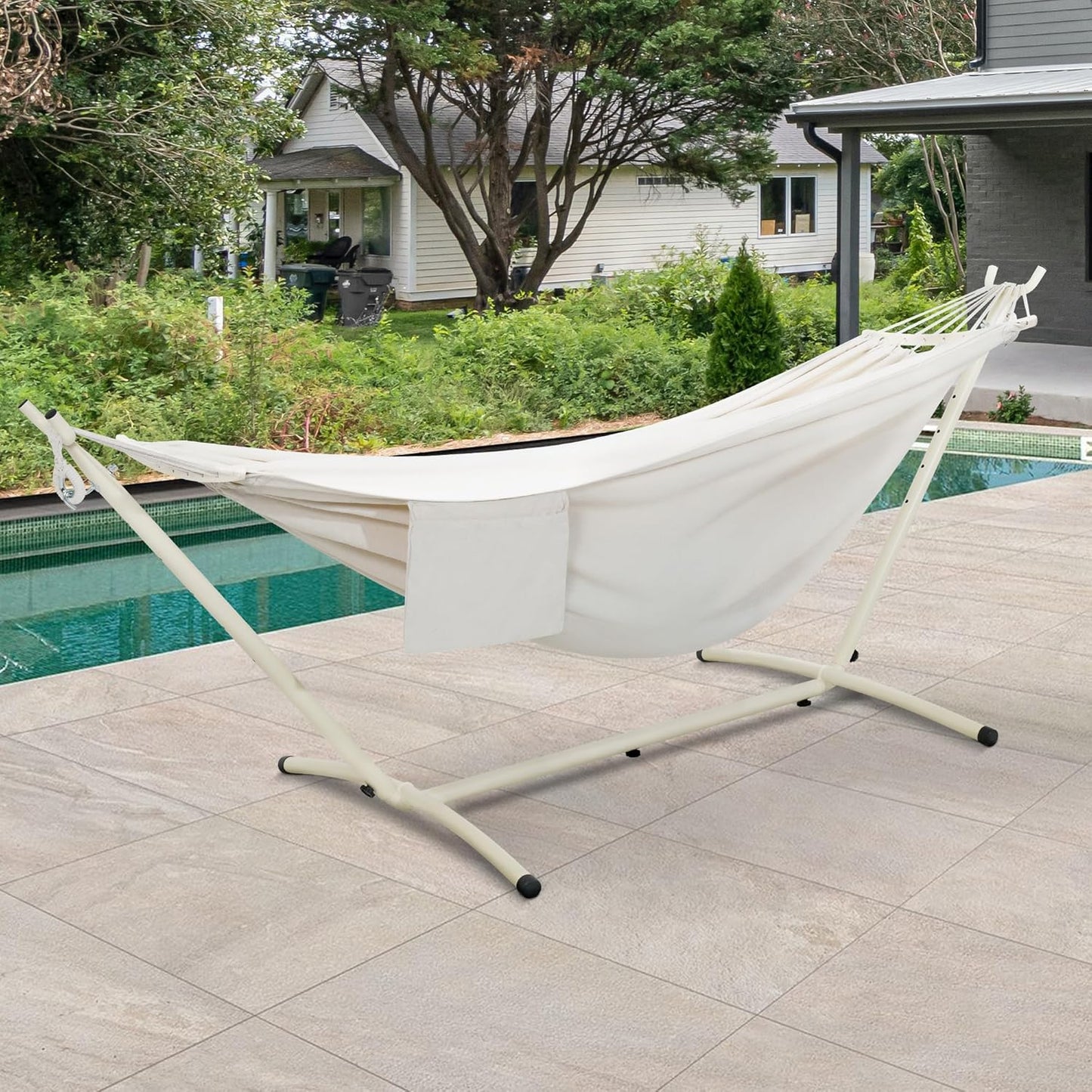 LazyDaze Hammocks Double Hammock with Stand - 2 Person Heavy Duty Outdoor Hammock for Adults, Includes Durable Steel Stand, Portable Carrying Bag and Pillow, Beige