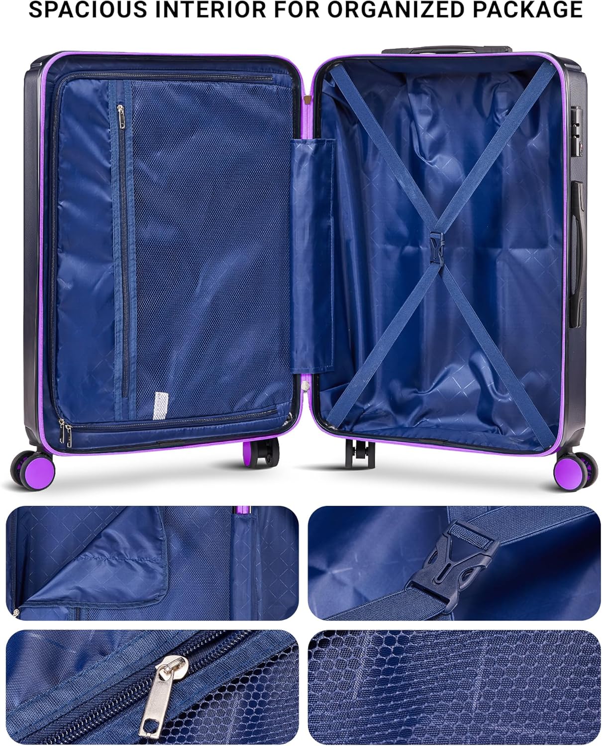 28 inch Luggage Hardside and Lightweight Suitcase with Spinner Wheels TSA Lock for Travel Business, Purple With Dark Blue