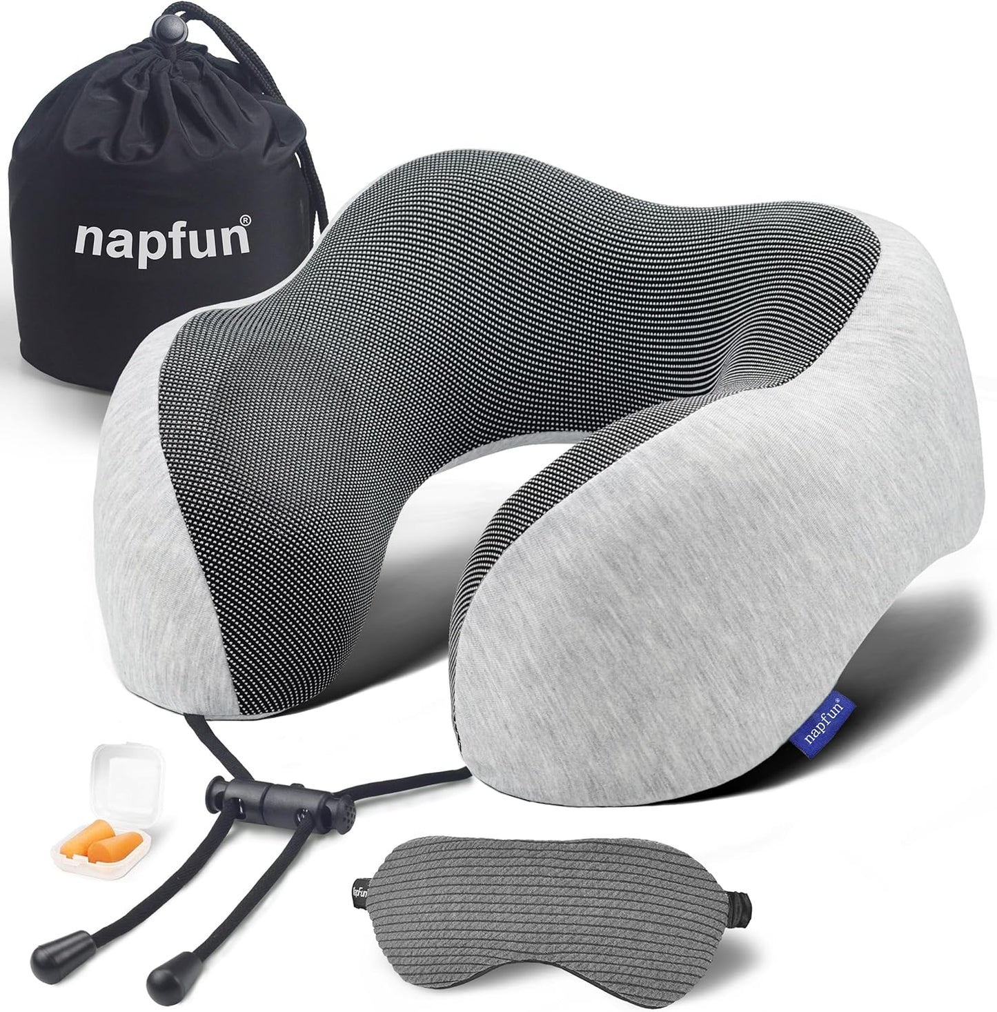 napfun Neck Pillow for Traveling, Travel Neck Pillow for Airplane 100% Pure Memory Foam Travel Pillow for Flight Headrest Sleep, Portable Plane Accessories, Light Grey Set
