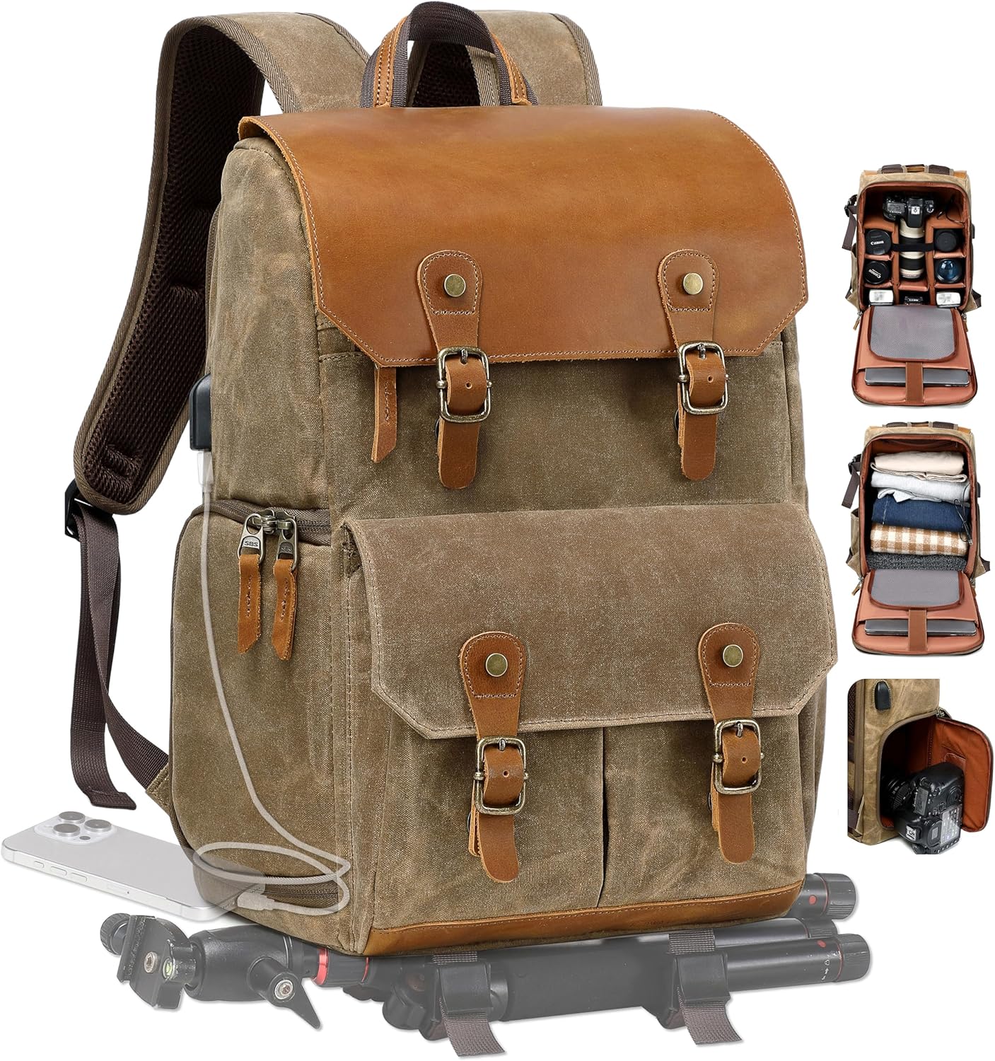 Padwa Lifestyle Khaki Camera Backpack - Waxed Memory Weather Resistant Canvas Camera Bag, Multi DSLR SLR Large Camera Backpacks for Photographers with 16” Laptop & Lens Compartment and Tripod Holder