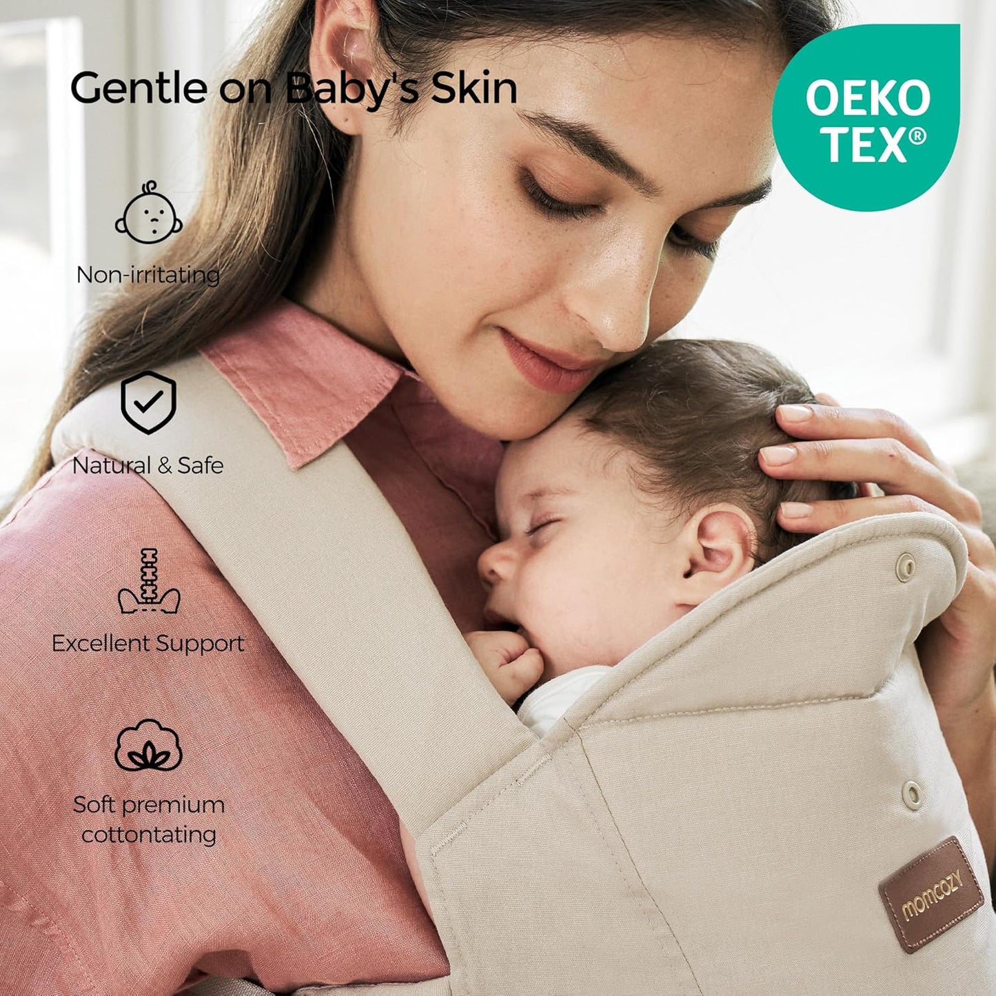 Momcozy Newborn Carrier WeeSnug- Lightweight and Cozy Comfort for 7-25 lbs, Ergonomic Cross-Back Support, Effortless to Put On, Hands-Free Baby Carrier with Lumbar Support, Khaki