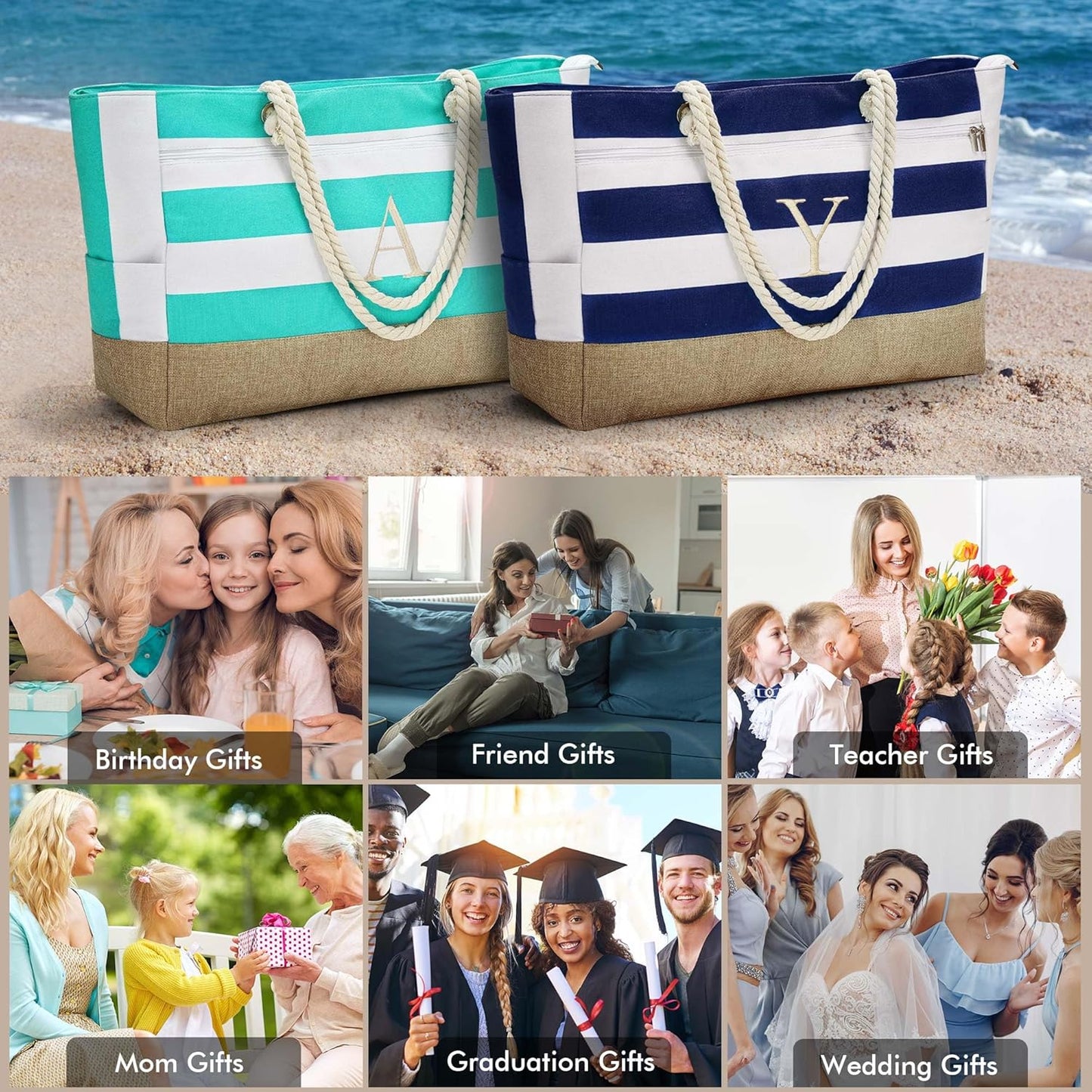 YOOLIFE Large Initial Beach Bag Waterproof Tote Zipper Bag Personalized Gifts for Women Her Birthday Travel Beach Essential