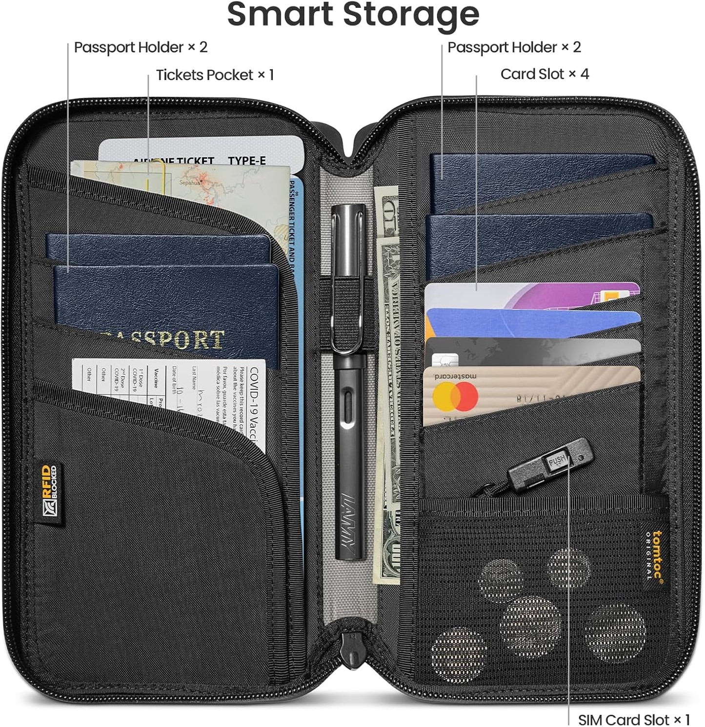 tomtoc Passport Holder Family with RFID Blocking, Passport Wallet Women Men, with Airtag & Sim Card Holder and Eject Pin, Travel Document Organizer with Wrist Strap, Up to 4 Passports, Water-resistant