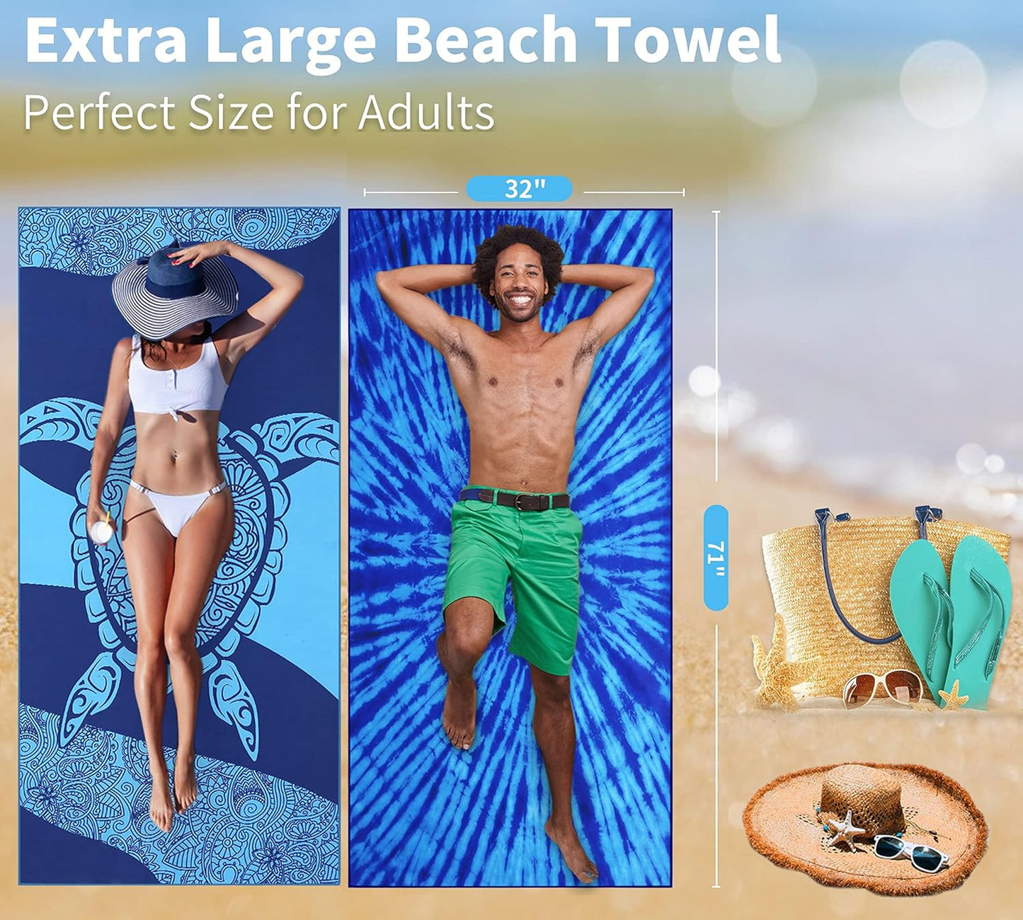 4 Pack Lightweight Thin Beach Towel Oversized 71"x32" Big Extra Large Microfiber Sand Free Towels for Adult Quick Dry Travel Camping Beach Accessories Vacation Gift Blue Turtles Tie Dye Mandala
