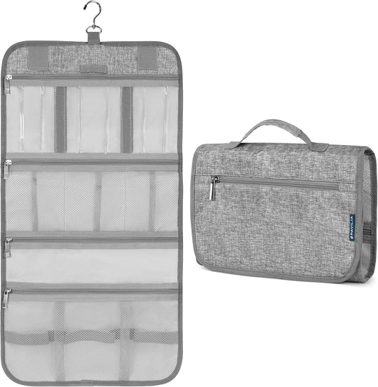 PAVILIA Hanging Toiletry Bag Women Men, Travel Kit Foldable Large Toiletries Organizer, Roll up Cosmetics Makeup Bag Accessories, Waterproof Essentials Jewelry Case (Heather Grey)