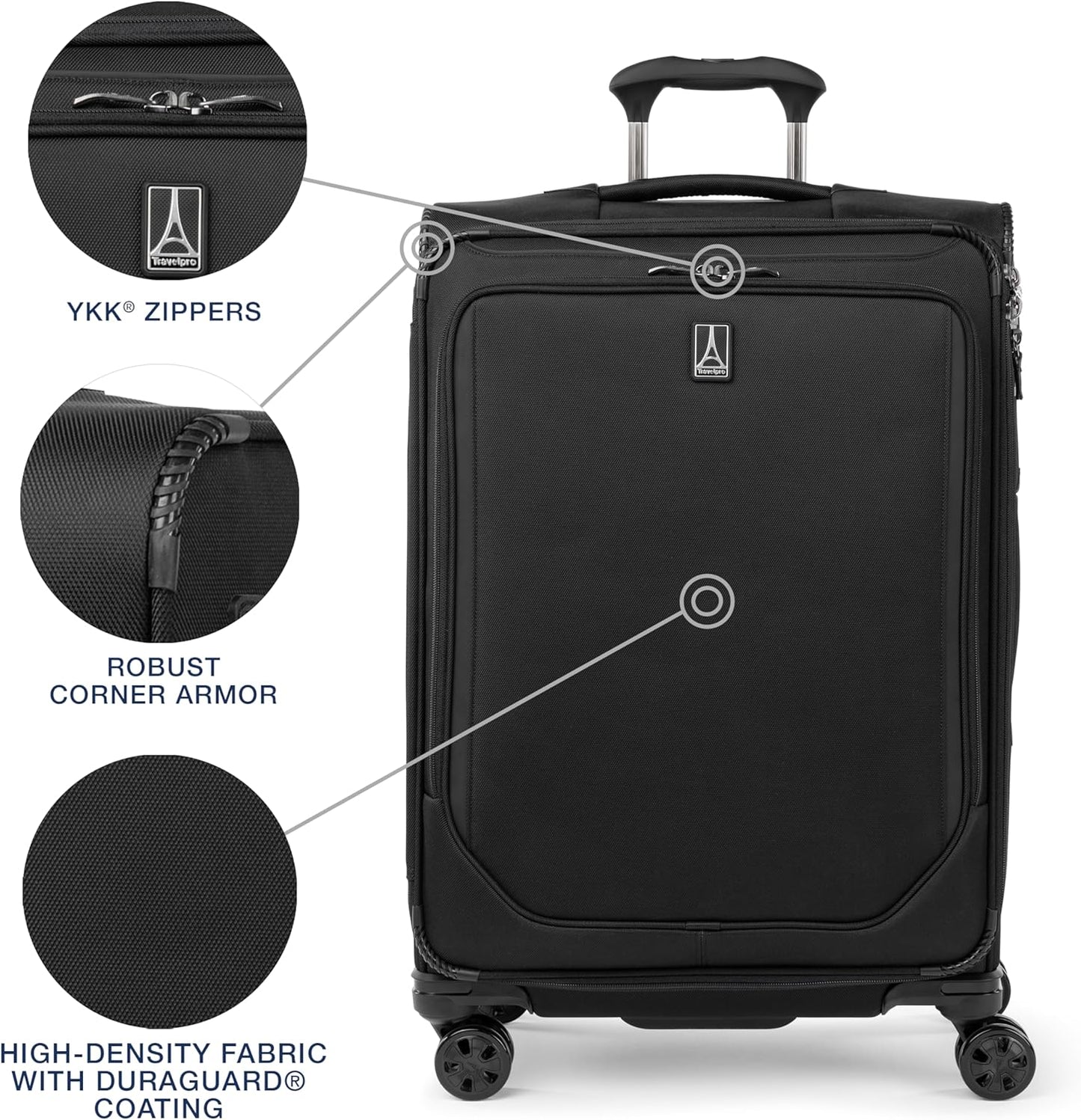 Travelpro Crew Classic Lightweight Softside Expandable Checked Luggage, 8 Wheel Spinner Suitcase, TSA Lock, Men and Women, Checked Medium 25-Inch, Black