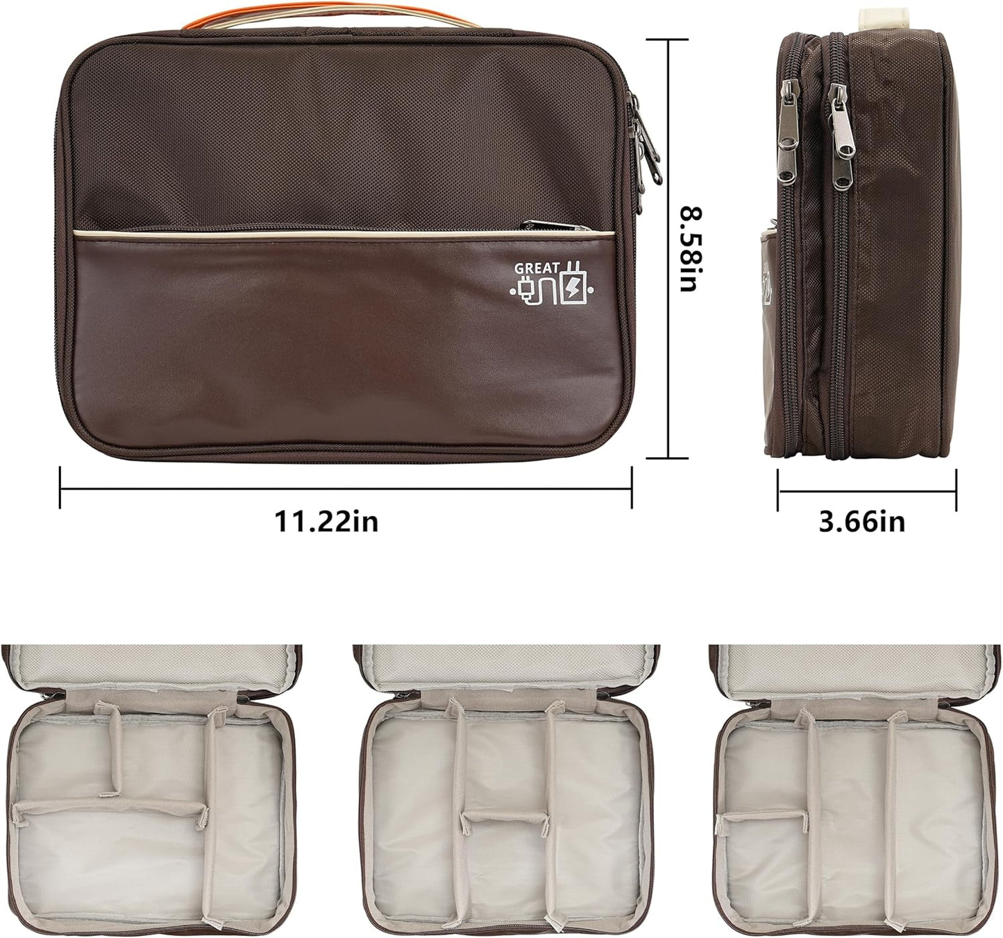 Electronics Accessories Organizer Bag, Waterproof Double LayerTravel Cable Organizer Case for Cords, Charger, Power Bank,Hard Drive, Mouse -Shockproof Tech Storage Pouch (Classic-two layers-Brown)