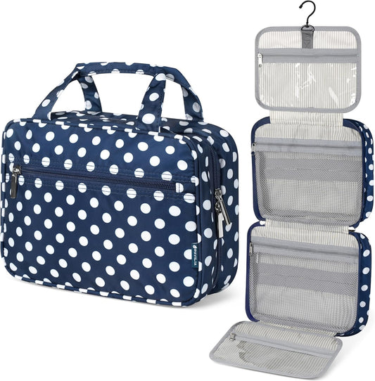 PAVILIA Hanging Toiletry Bag Travel Bag Women Men, Foldable Cosmetic Organizer, Roll up Makeup Bag, Water Resistant Accessories Toiletries, Large Travel Essentials Kit (Navy Polka Dot)