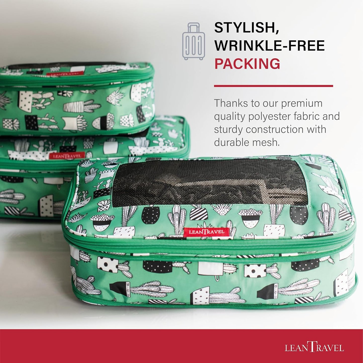 LeanTravel Compression Packing Cubes for Travel Organizers with Double Zipper (6-Pack (2L+2M+2S), Green Cactus)
