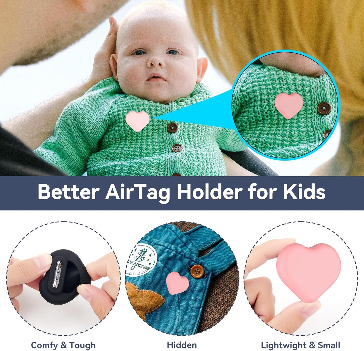 DDJ for AirTag Holder for Kids (2 Pack), Hidden Silicone Case for AirTag GPS Tracker for Kids with Invisible Pin, Anti Lost, Elderly, Luggage, Clothing, Backpack, Family Travel (Black,Pink)