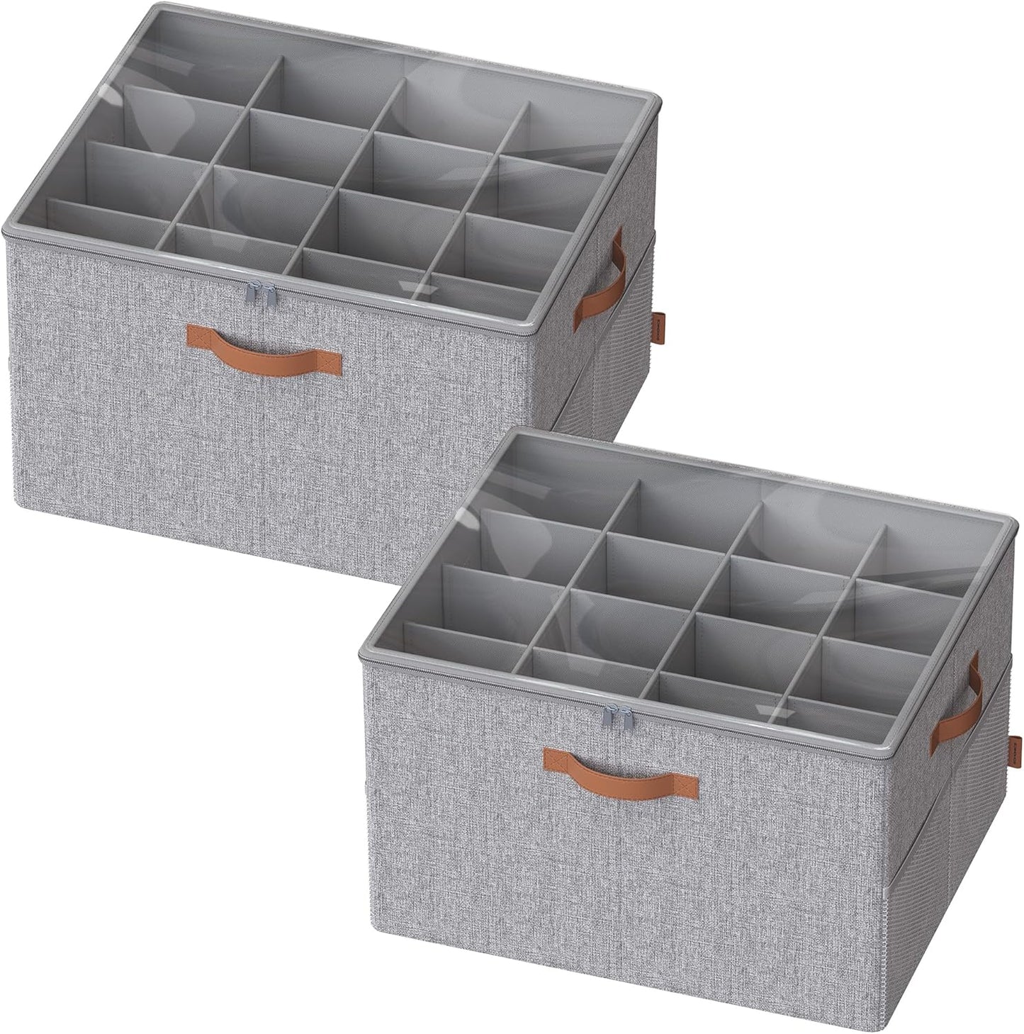 SONGMICS Shoe Organizers for Closet, Pack 2 Shoe Storage Bins, Fits 32 Pairs, Fabric Containers with Handles and Clear Cover, Adjustable Dividers, Customizable, Dove Gray ULSP556G01