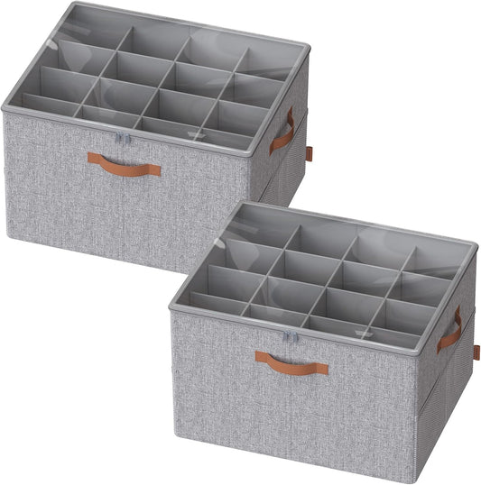 SONGMICS Shoe Organizers for Closet, Pack 2 Shoe Storage Bins, Fits 32 Pairs, Fabric Containers with Handles and Clear Cover, Adjustable Dividers, Customizable, Dove Gray ULSP556G01