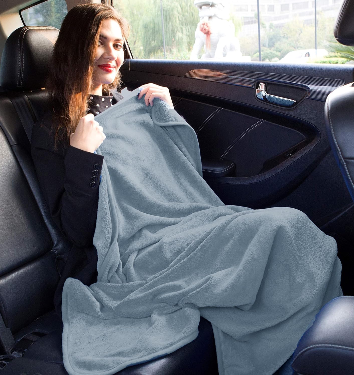 BlueHills Premium Soft Plush Travel Blanket Pillow for Airplane Traveling Essentials in a Bag Flight Throw with Hand Luggage Belt Backpack Clip Compact Portable Plane Accessories Grayish Blue - T026