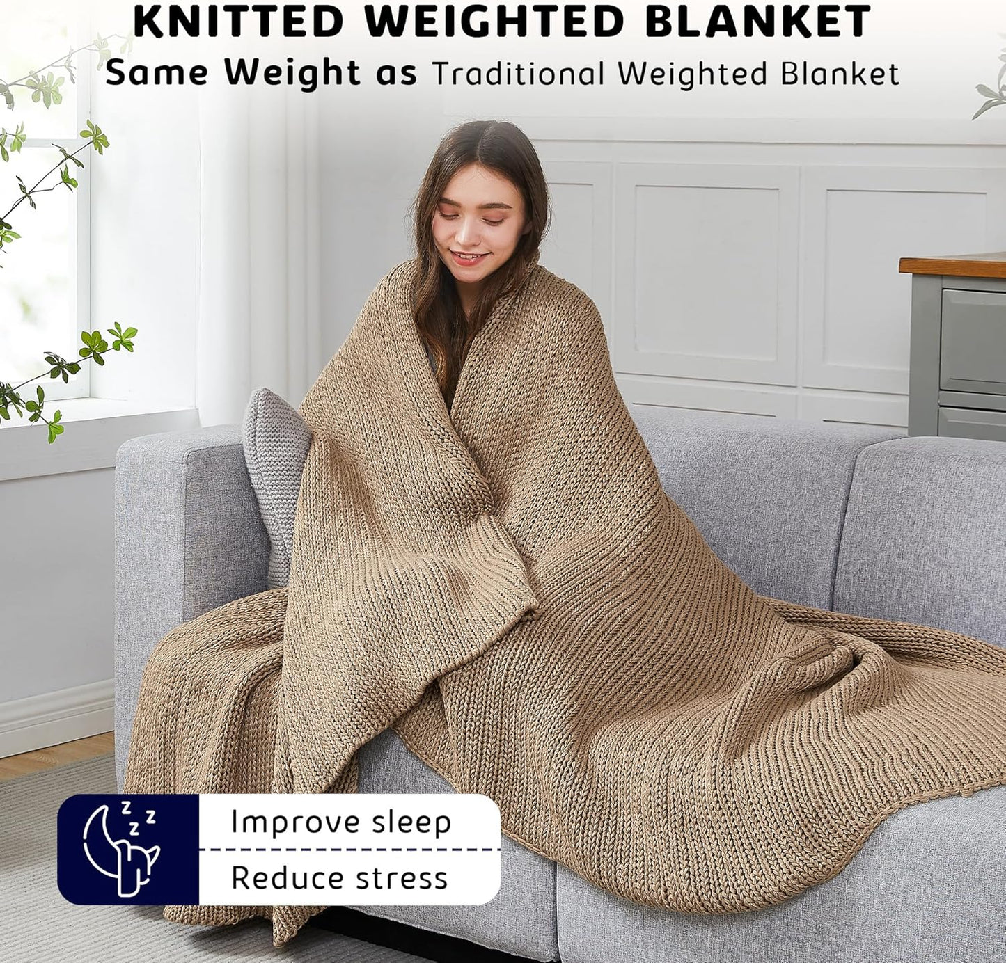 L'AGRATY Knitted Weighted Blanket - 48"x72" 15lbs Cooling Chunky Knit Heavy Blanket for Adults Braided Crochet Throw Thick Cable Yarn Knit Decorative No Beads Evenly Weighted Machine Washable