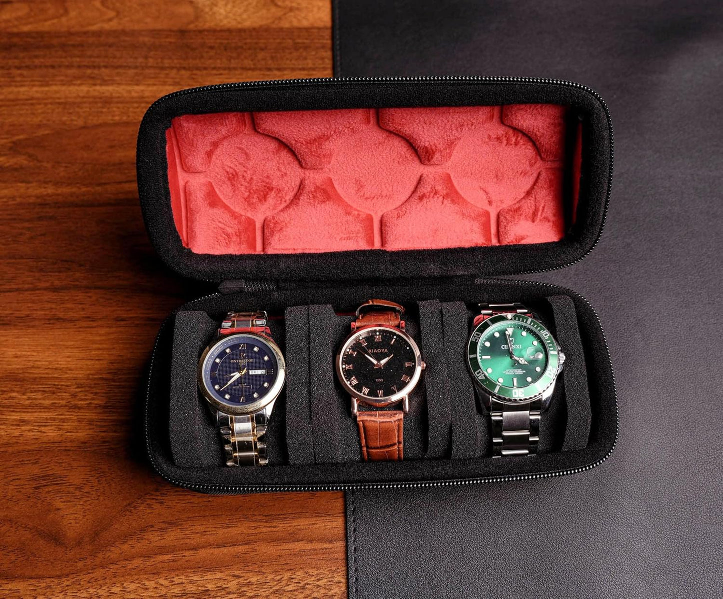 3 slots Watch travel case,Hard watch roll, travel watch case organizer holder with form-fitting pillow, red microfiber lining, fit large and small watches, perfect for travel and home.