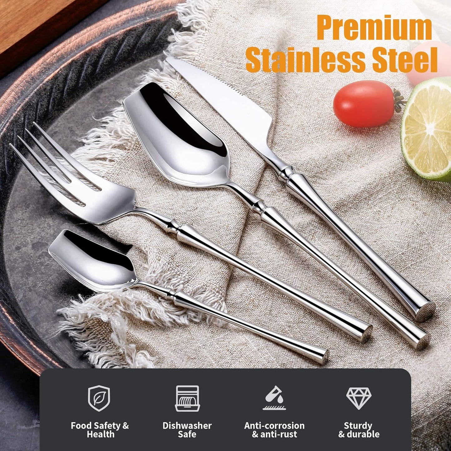 24-Piece Silverware Set for 6,Modern 18/10 Stainless Steel Flatware Set,Unique Rustic Cutlery Utensils Set,Spoon and Fork Set for Home, Restaurant,Wedding,Mirror Polished,Dishwasher Safe