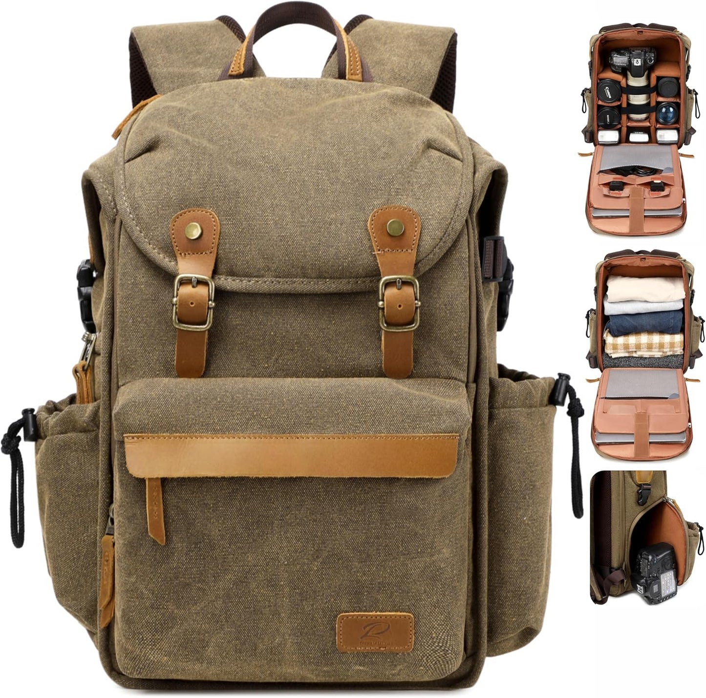 Padwa Lifestyle Khaki Camera Backpack - Professional DSLR & UAV Camera Bag,Anti Theft Canvas Camera Backpack with Rain Cover,Large Capacity Photography Travel Camera Bag with Multi Compartments