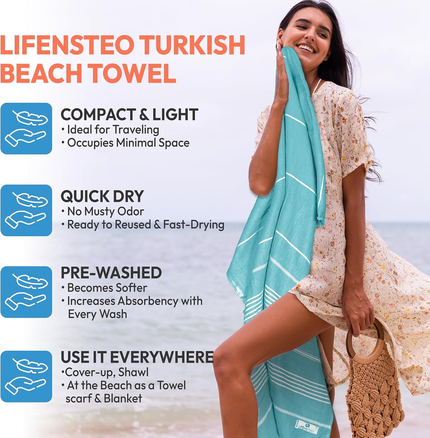 Turkish Beach Towel - 40x71 inch Oversized Sand Resistant Prewashed Turkish Towel - 100% Turkish Cotton Quick Drying, Compact, Lightweight Turkish Towel for Beach, Bath, Pool, Gym, Yoga.