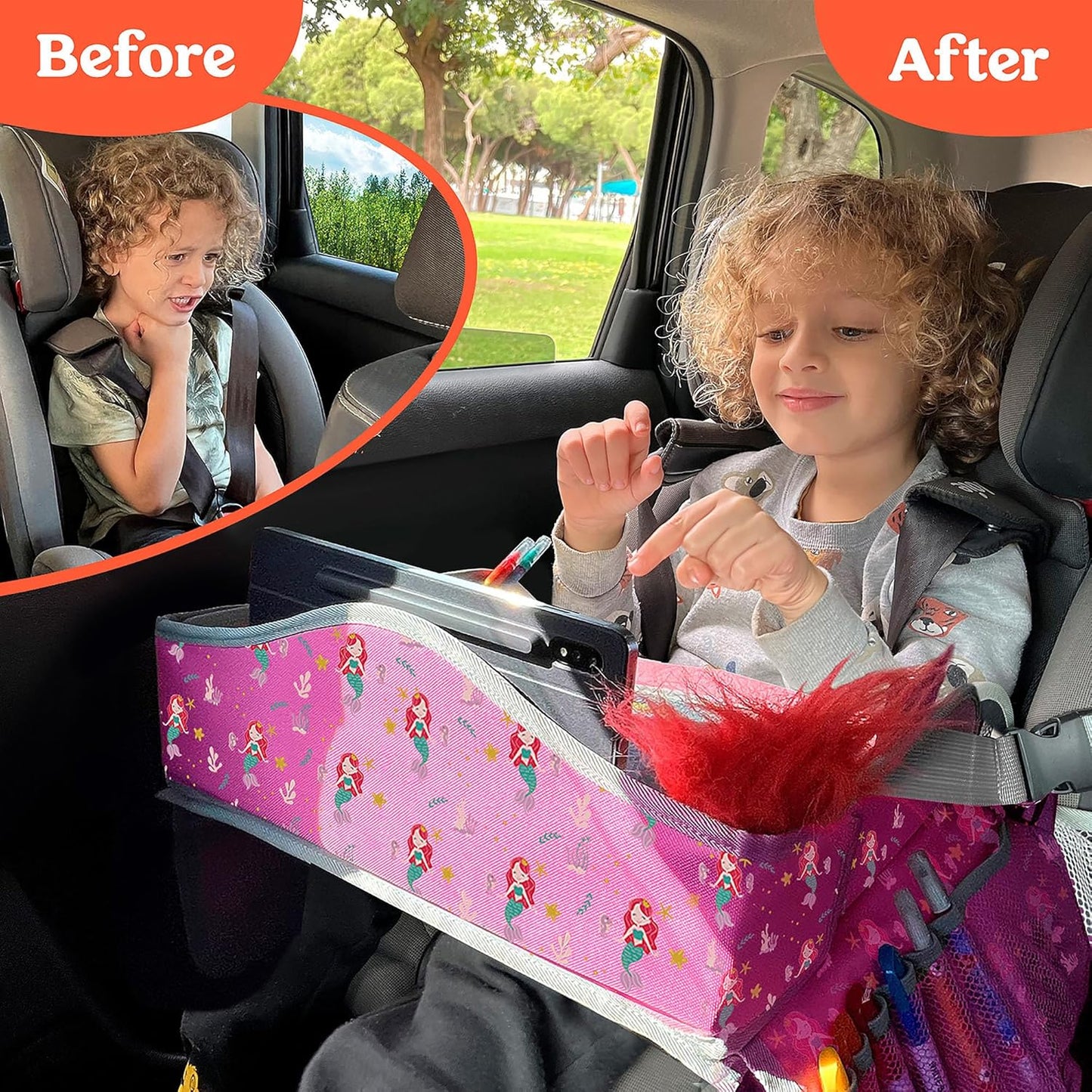 PILLANI Kids Travel Tray for Car - Car Seat Tray for Kids, Road Trip Essentials & Must Haves, Carseat Table Roadtrip Activities - Toddler Lap Desk Organizer for Airplane