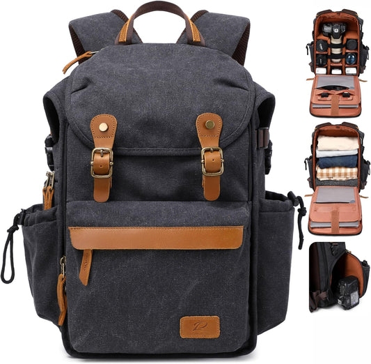 Padwa Lifestyle Black Camera Backpack - Professional DSLR & UAV Camera Bag,Anti Theft Canvas Camera Backpack with Rain Cover,Large Capacity Photography Travel Camera Bag with Multi Compartments