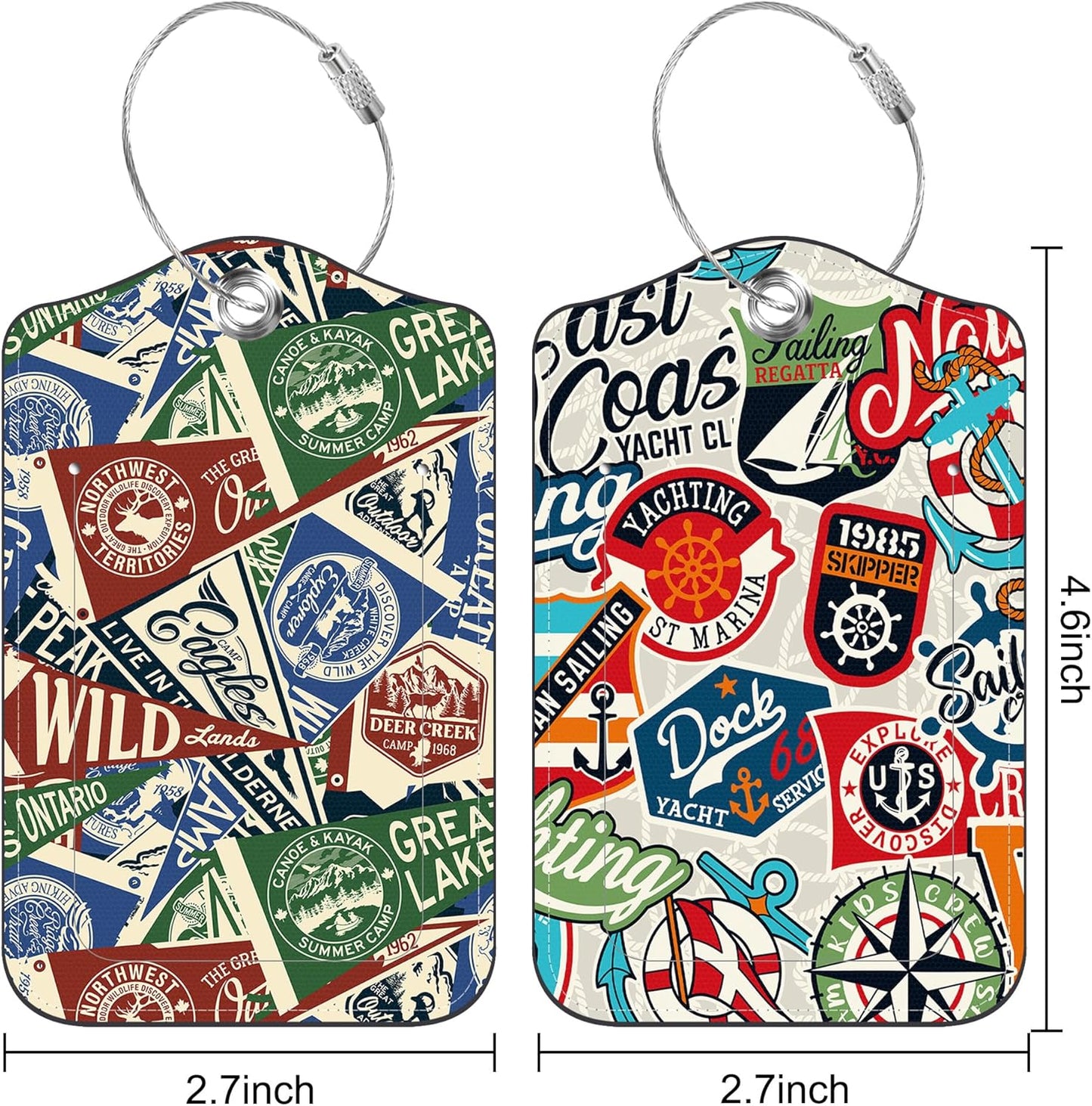 2 Pack Luggage Tag for Suitcase Nautical Patches Mountain Lake Camp Flag Leather Suitcase Tags with Privacy Name ID Label and Stainless Steel Loop for Travel Bag