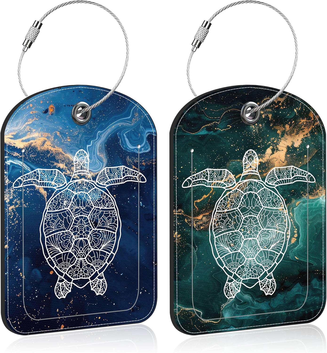 2 Pack Luggage Tag for Suitcase Liquid Marble and Turtle Leather Suitcase Tags with Privacy Name ID Label and Stainless Steel Loop for Travel Bag