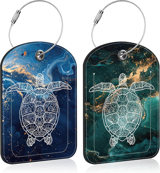 2 Pack Luggage Tag for Suitcase Liquid Marble and Turtle Leather Suitcase Tags with Privacy Name ID Label and Stainless Steel Loop for Travel Bag