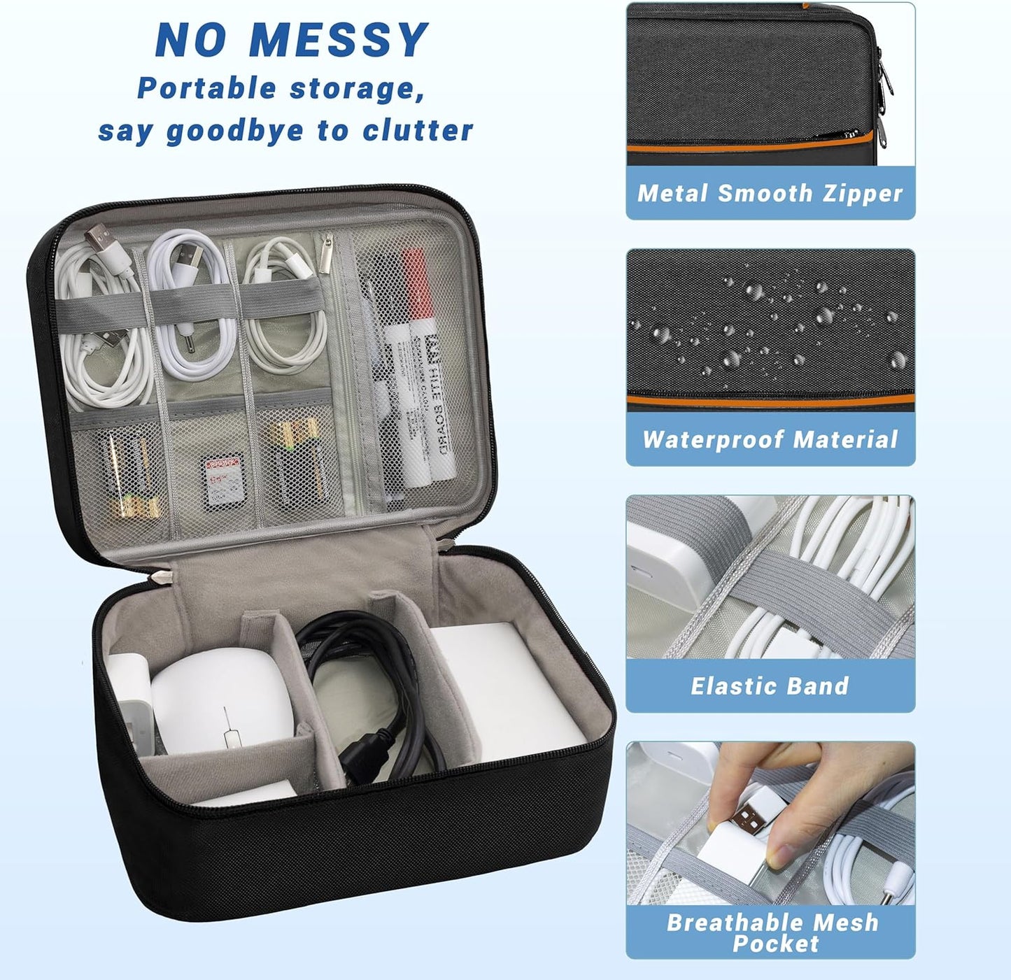 Electronics Organizer,Travel Cord Organizer Pouch, Portable Cable Organizer Bags, Waterproof Electronic Accessories Storage Case for Cables, Cords, Charger, Phone (Double Layer-Black)