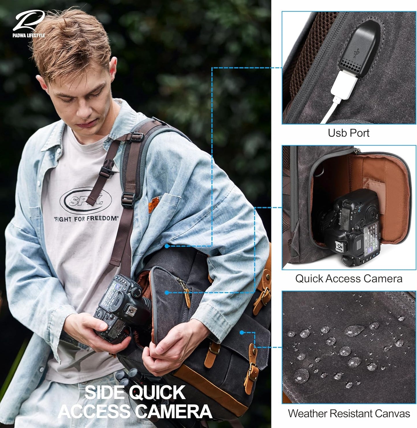 Padwa Lifestyle Black Gray Camera Backpack - Weather Resistant Waxed Memory Canvas Camera Backpacks for Photographers,Multi DSLR SLR Camera Bag with 16” Laptop & Lens Compartment and Tripod Holder