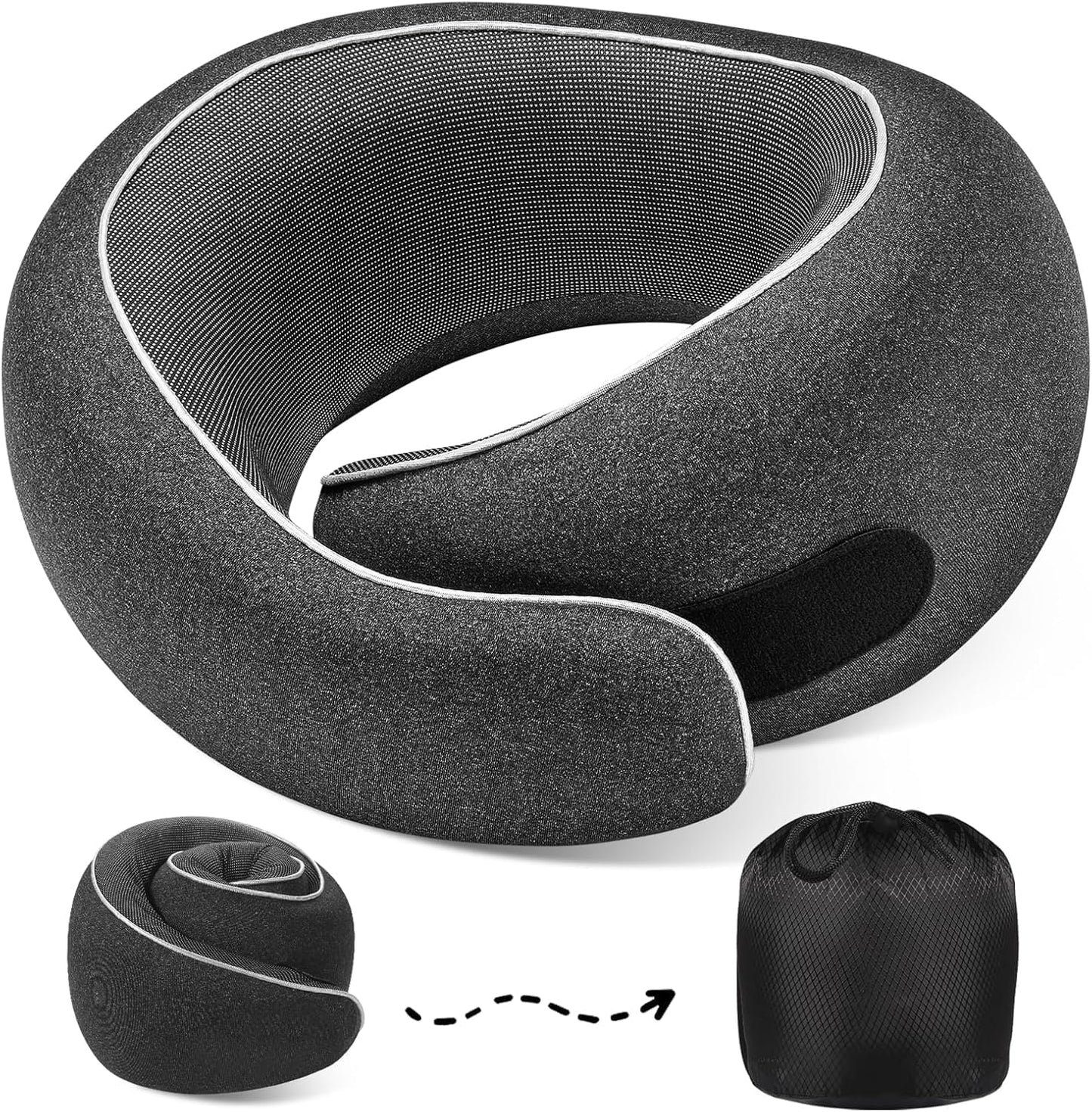 Travel Neck Pillows, 100% Memory Foam Filling, Travel Pillows for Airplanes, Compact and Ergonomic Design, Best for Sleeping Plane Train Travel Essentials (Light Black)
