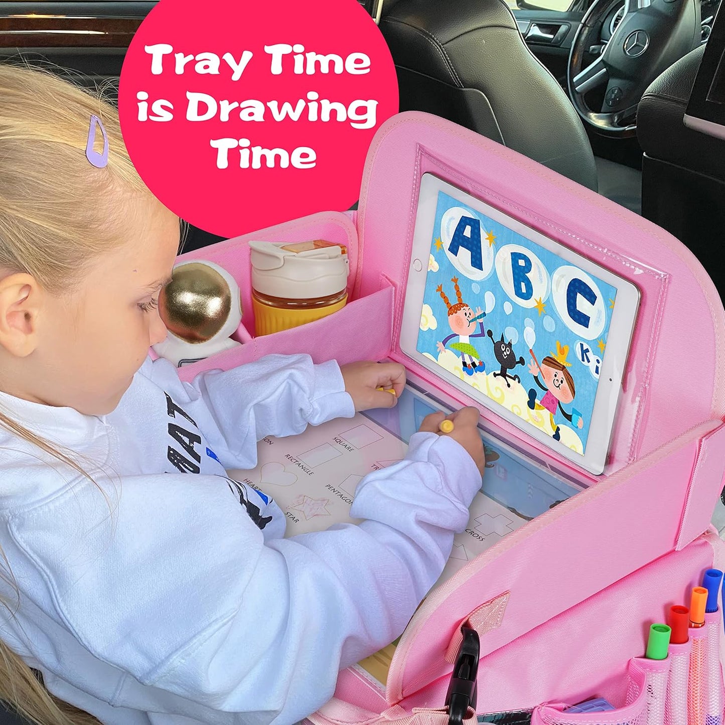 MENZOKE Kids Travel Tray, Car Seat Table Tray, Road Trip Essentials with Educational Drawing Board, Tablet Holder & Cooler Cup Holder, Travel Table for Kids Gifts in Car, Airplane, Multicoloured