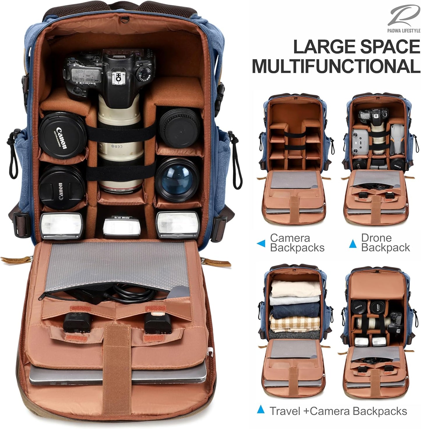 Padwa Lifestyle Blue Camera Backpack - Professional DSLR & UAV Camera Bag,Anti Theft Canvas Camera Backpack with Rain Cover,Large Capacity Photography Travel Camera Bag with Multi Compartments