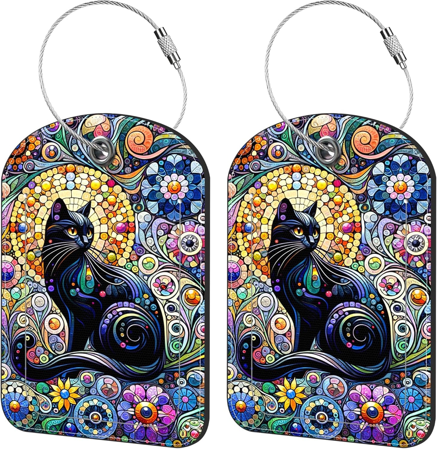 2 Pack Cute Luggage Tag for Suitcases Black Cat Leather Luggage Tags with Stainless Steel Loop Privacy Flap Name Tags,Men and Women Travel Bag Suitcase Tags
