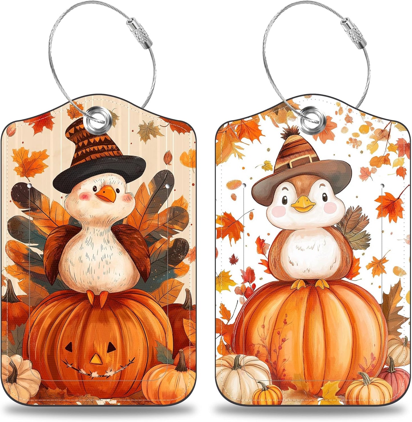 2 Pcs Cartoon Turkey and Pumpkin Luggage Tags for Suitcases Autumn PU Leather Baggage Tags Name ID Label with Privacy Cover and Stainless Steel Loop for Men Women Travel Bag Suitcase