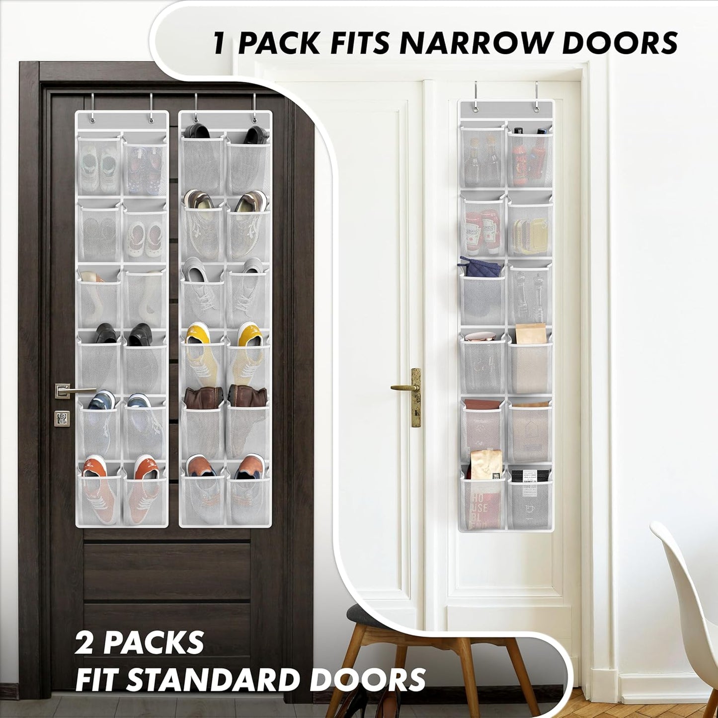 Simple Houseware 24 Pockets - 2PK 12 Large Pockets Over Door Hanging Shoe Organizer, Grey