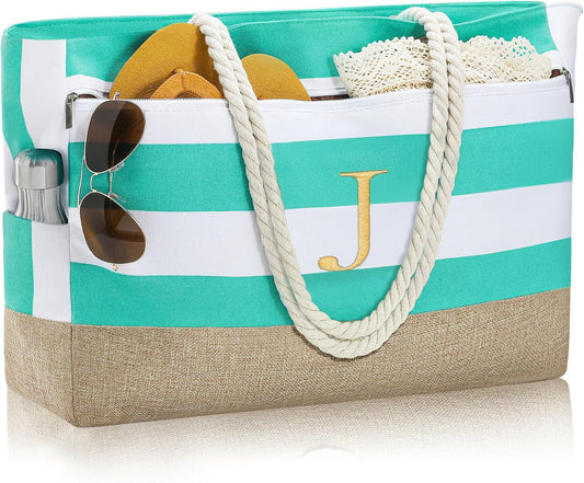 YOOLIFE Large Initial Beach Bag Waterproof Tote Zipper Bag Personalized Gifts for Women Her Birthday Travel Beach Essential