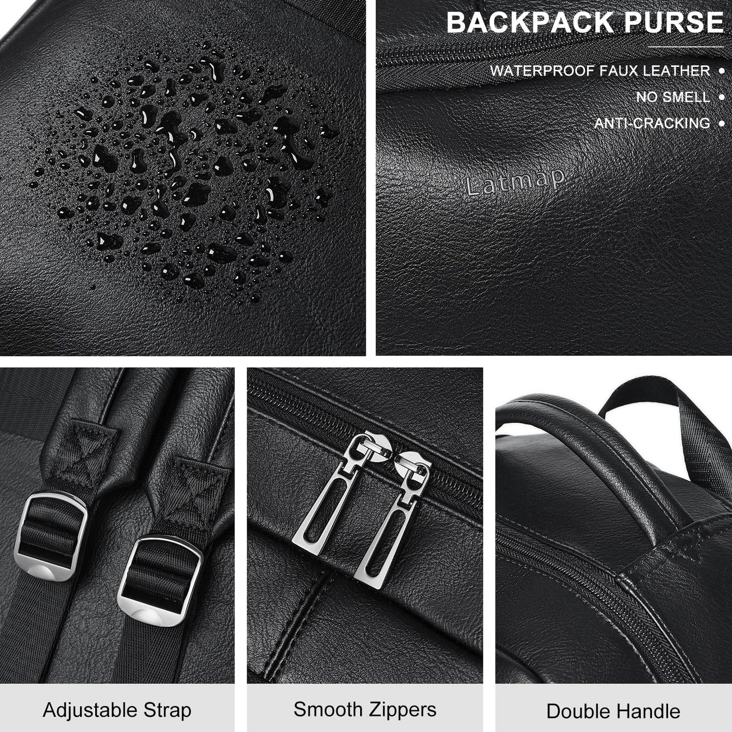 30L Business Laptop Backpack for Women Men, Travel Work Backpack Purse Faux Leather College Bookbag fits 15.6" Laptop - Black