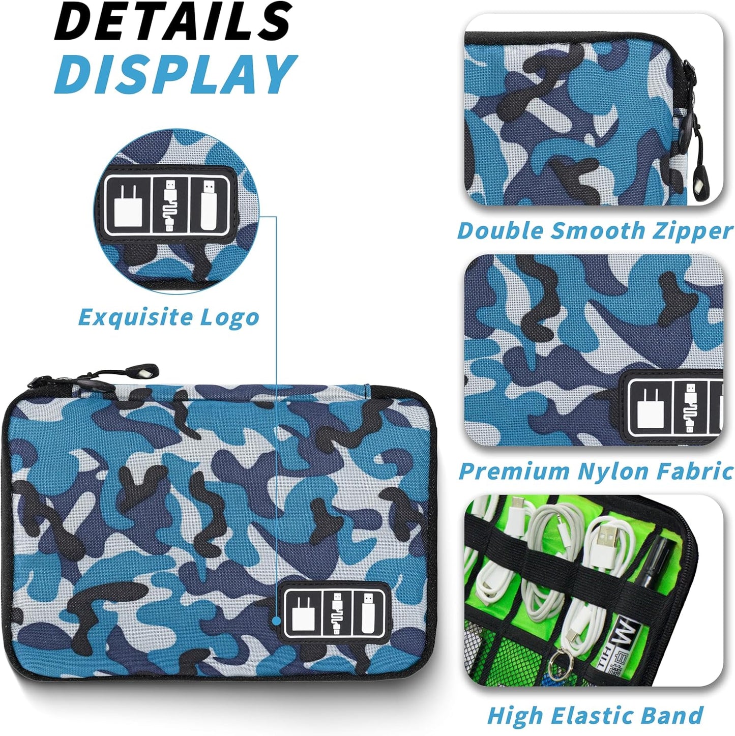 Electronics Organizer, Portable Cable Organizer Bags, Travel Electronic Accessories Storage Case for Cables, Cords, Charger, Phone (Camo Blue)