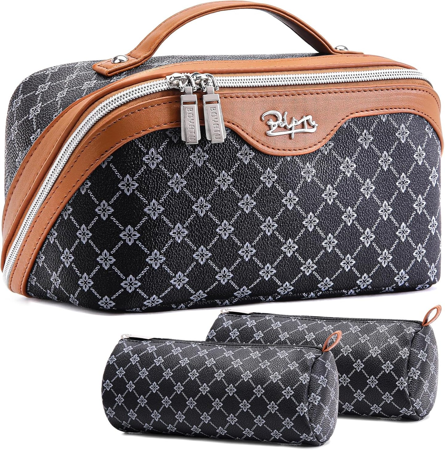 BOYATU Travel Makeup Bag Cosmetic Bags for Women: 3 Pcs Set Large Portable Make up Bag with Handle - Vegan Leather Toiletry Bags with Compartments - Makeup Organizer for Travel Essentials(01-Black)