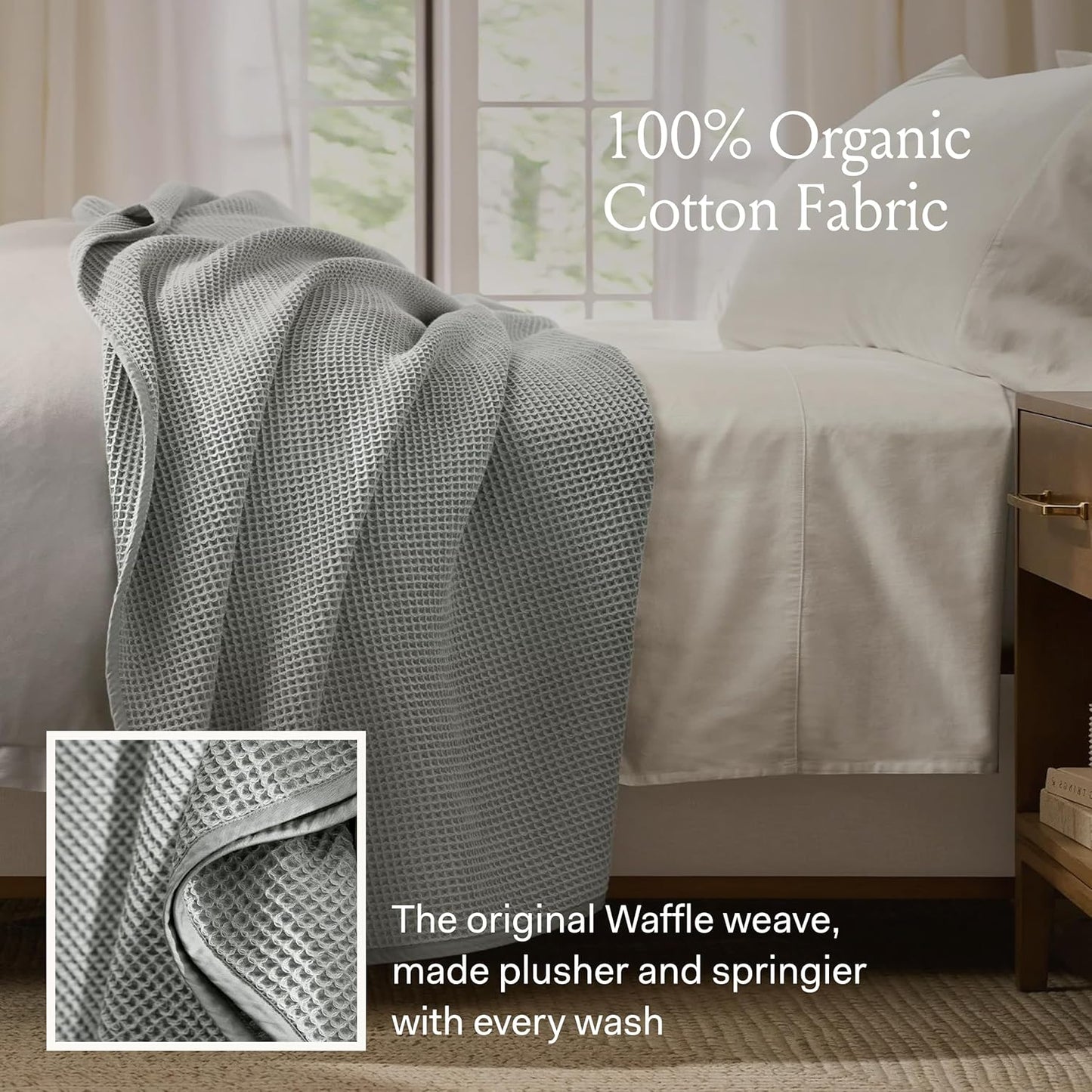 BOLL & BRANCH Waffle Bed Blanket - Full/Queen, Shore - Luxury 100% Organic Cotton - Soft, Lightweight and Breathable - Textured Waffle Weave Design