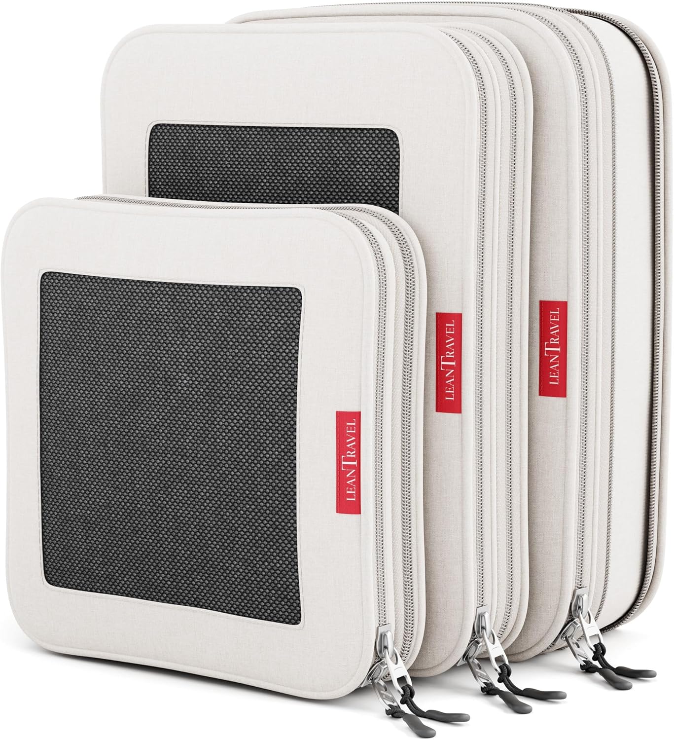 LeanTravel Compression Packing Cubes for Travel Organizers with Double Zipper (3-Pack (2L+1M), Sand)