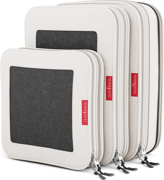 LeanTravel Compression Packing Cubes for Travel Organizers with Double Zipper (3-Pack (2L+1M), Sand)