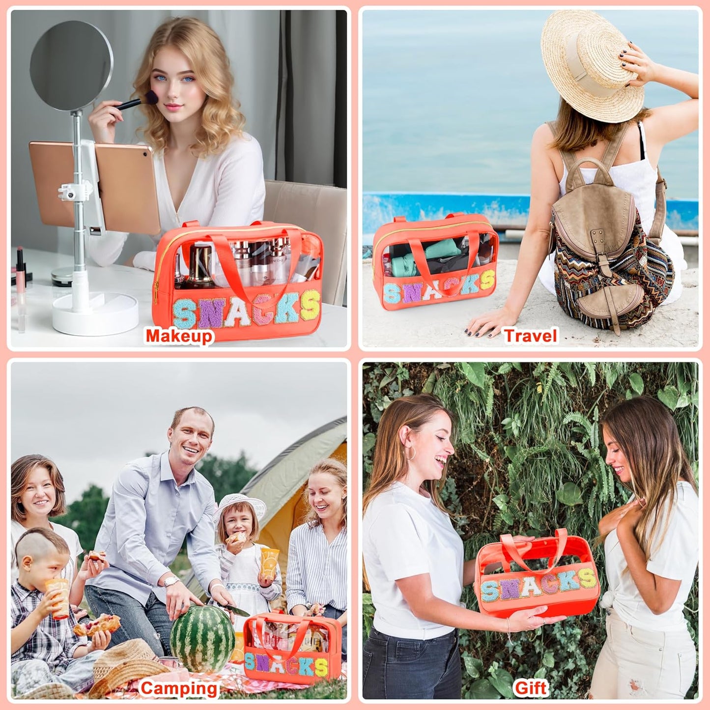 Snack Bag for Travel - Chenille Letter Clear Makeup Bag, Large Preppy Patch Snack Cosmetic Bag with Handle and Zipper, Cute Makeup Pouch Nylon&PVC Waterproof Toiletry Organizer Storage for Women Girls