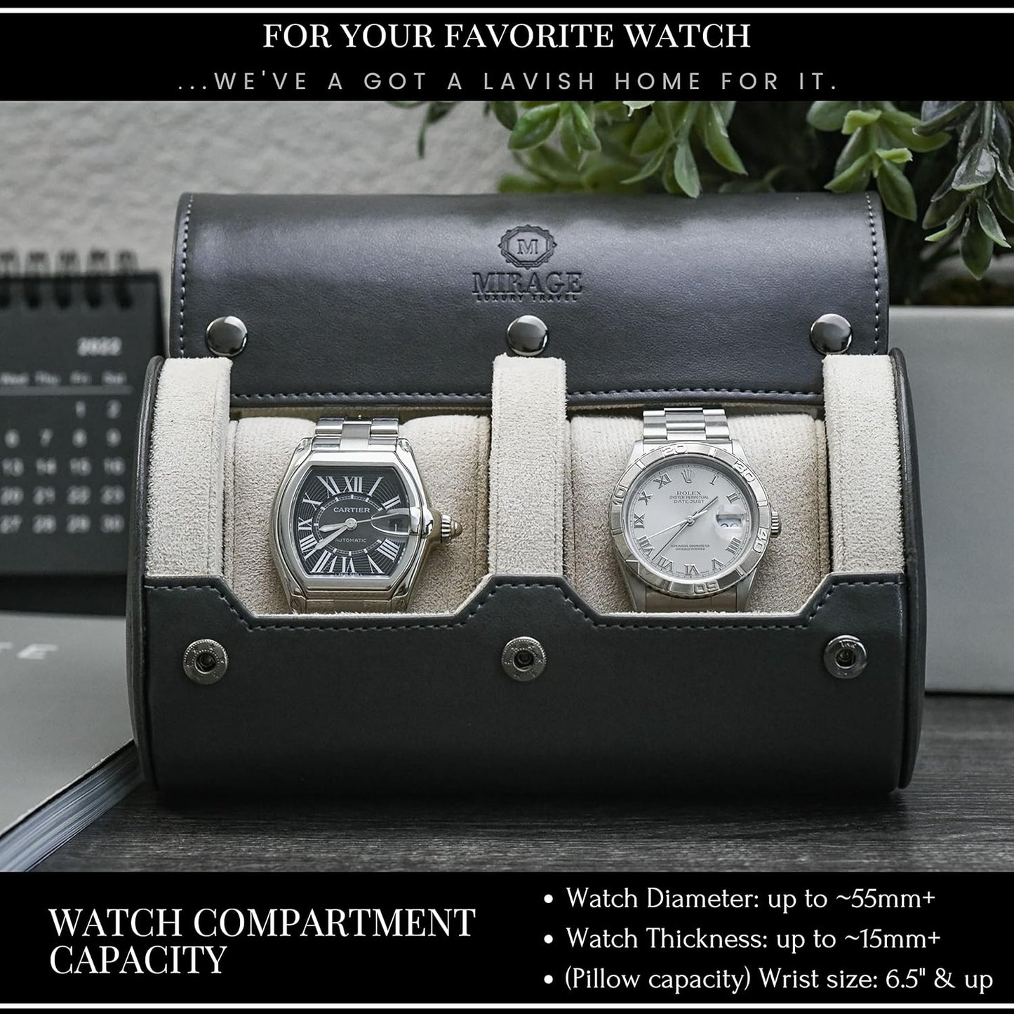 2 Watch Roll Travel Case for Men - Double Watch Case - Slate Grey/Ivory White Vegan Leather