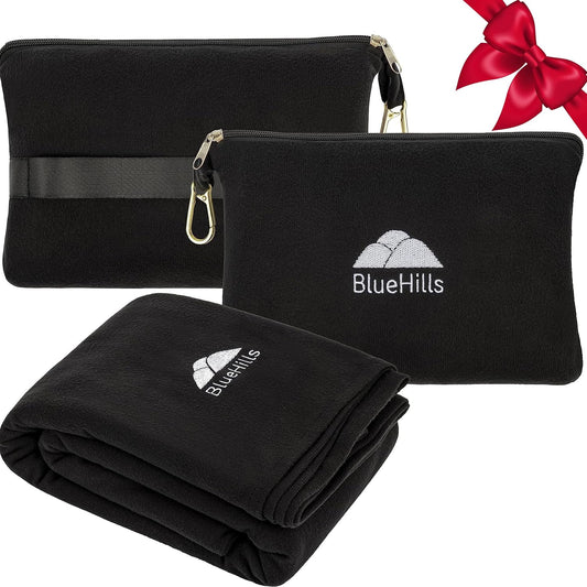 BlueHills Travel Blanket Pillow Compact Lightweight Pocket Size Airplane Traveling Essential Flight Trip Throw in Bag Portable Case Plane Accessory Black L05