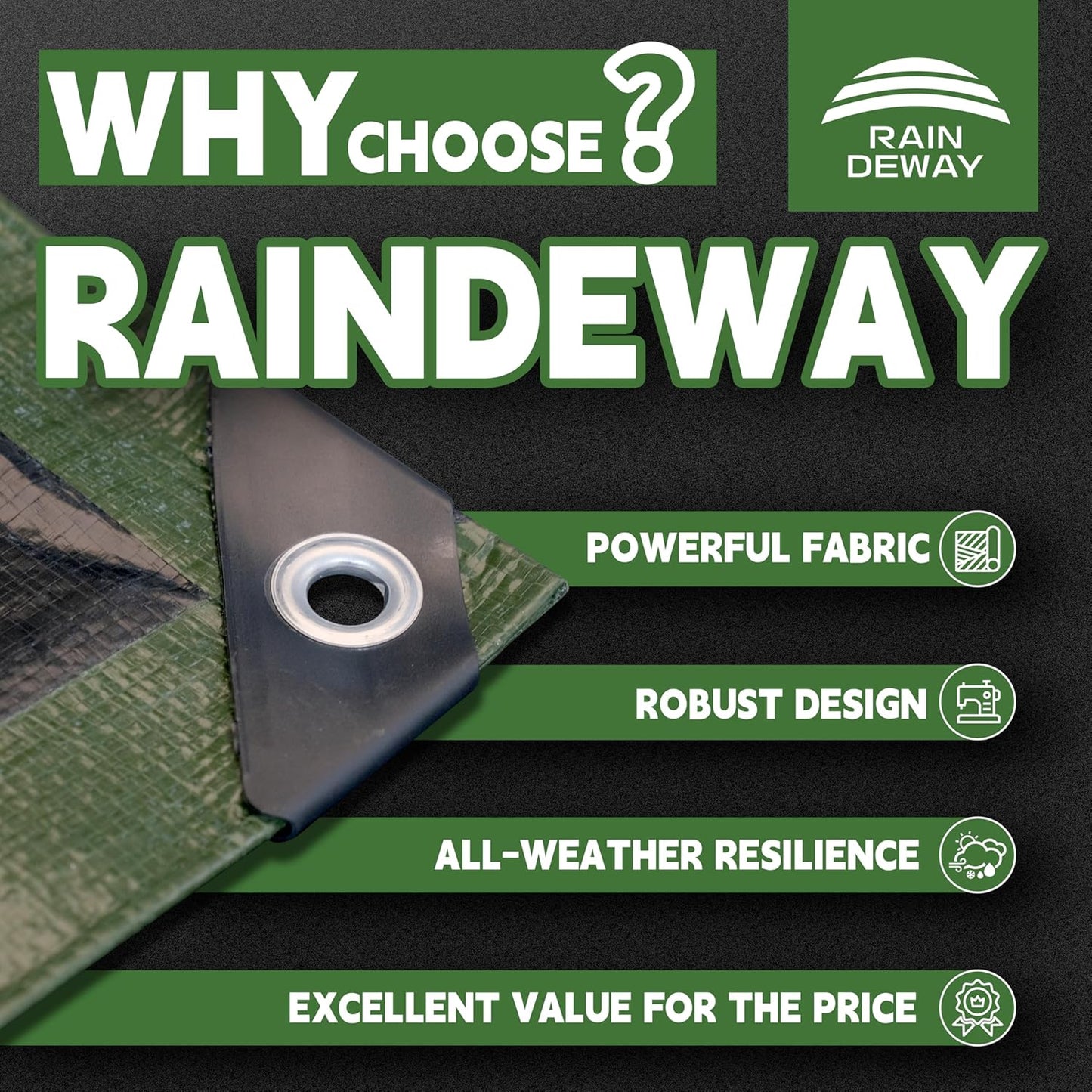 10x12 Feet Tarp Waterproof,9Mil Thick,Finished Size Tarps,UV Resistant,Durable,Multipurpose Poly Tarp Cover with Metal Grommets and Reinforced Edges,Green/Black by RAINDEWAY