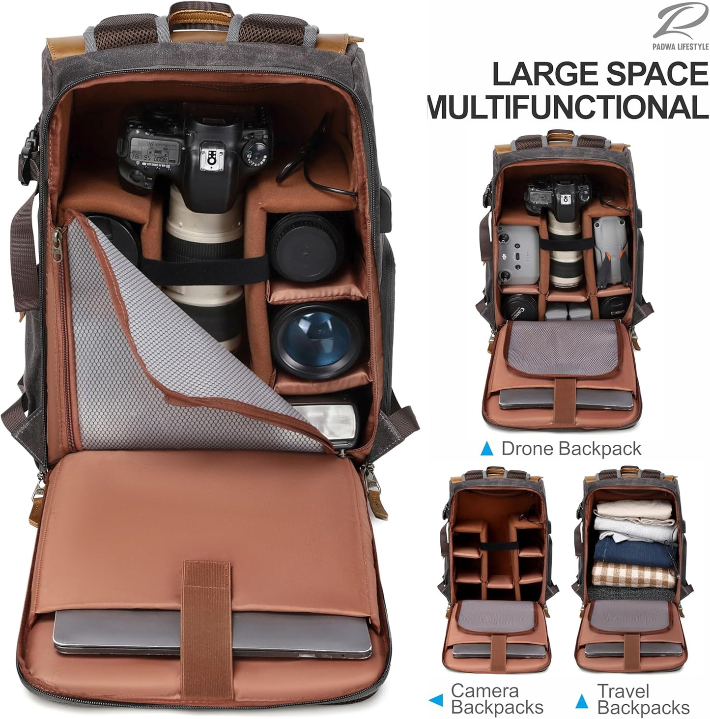 Padwa Lifestyle Black Gray Camera Backpack - Weather Resistant Waxed Memory Canvas Camera Backpacks for Photographers,Multi DSLR SLR Camera Bag with 16” Laptop & Lens Compartment and Tripod Holder